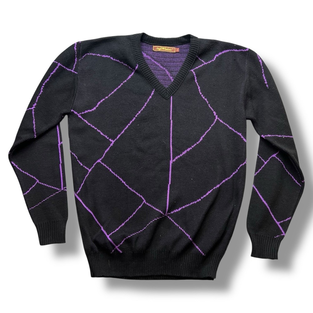 Vtg 80s 90s Sergio Valente Fracture Pattern Sweater Knit Pullover L V Neck USA